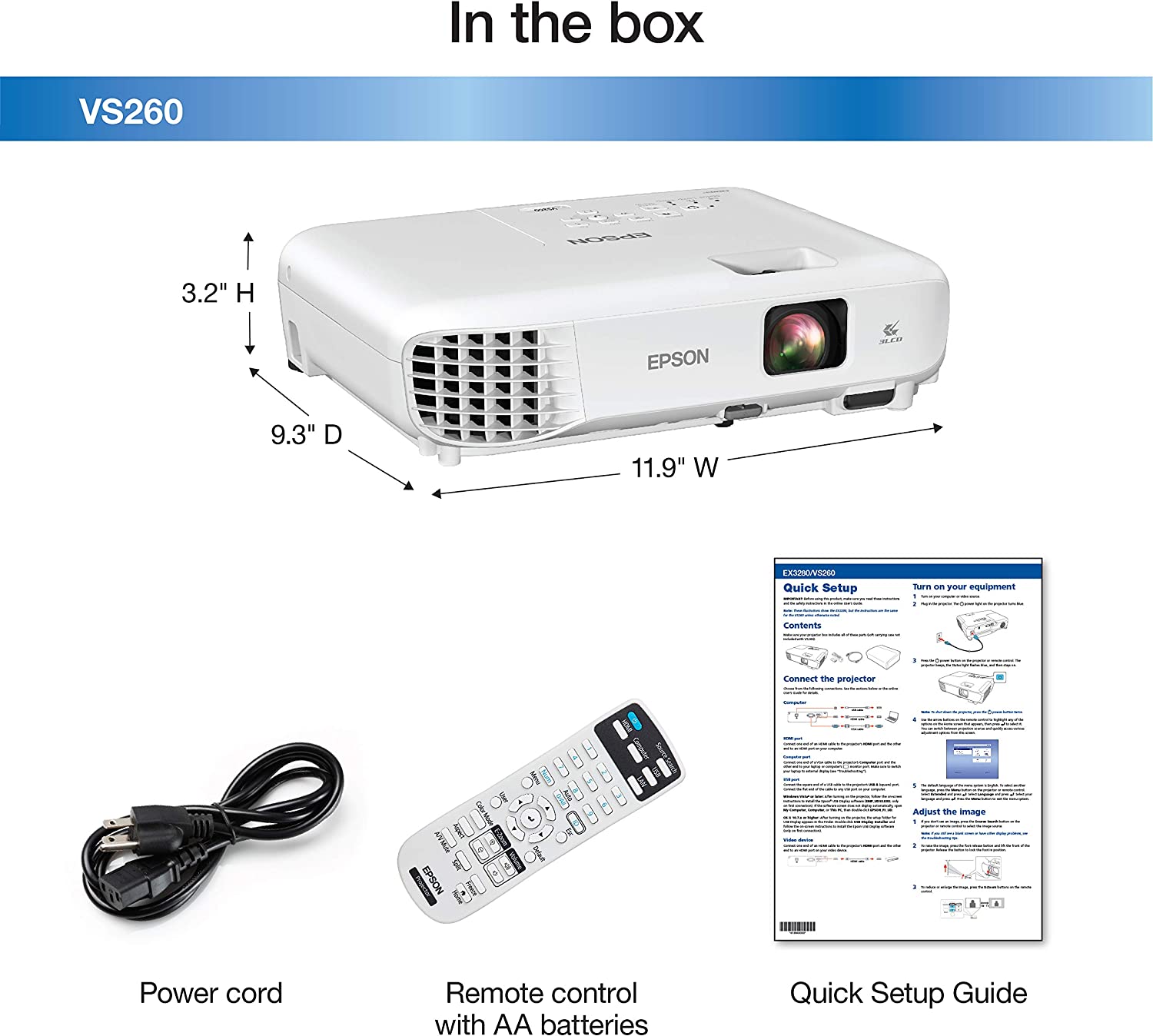 Epson VS260 3-Chip 3LCD XGA Projector, 3,300 Lumens Color Brightness, 3,300 Lumens White Brightness, HDMI, Built-in Speaker, 15,000:1 Contrast Ratio