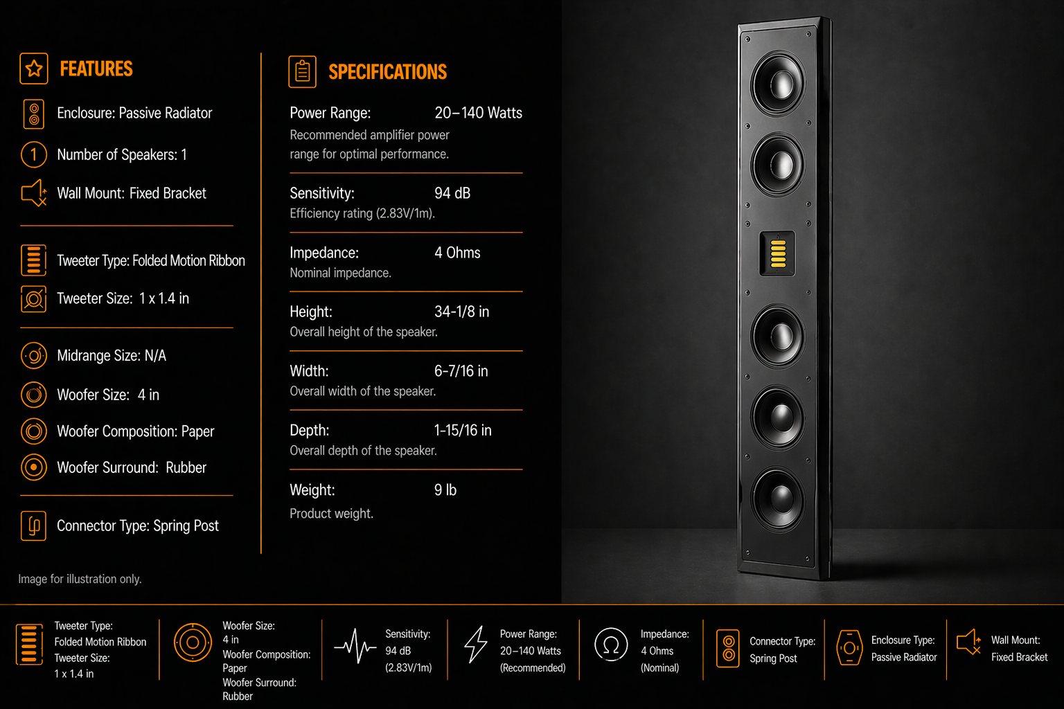 MartinLogan Motion SLM-XL On-Wall Speaker Ultra Slim LCR Home Theater Passive Single