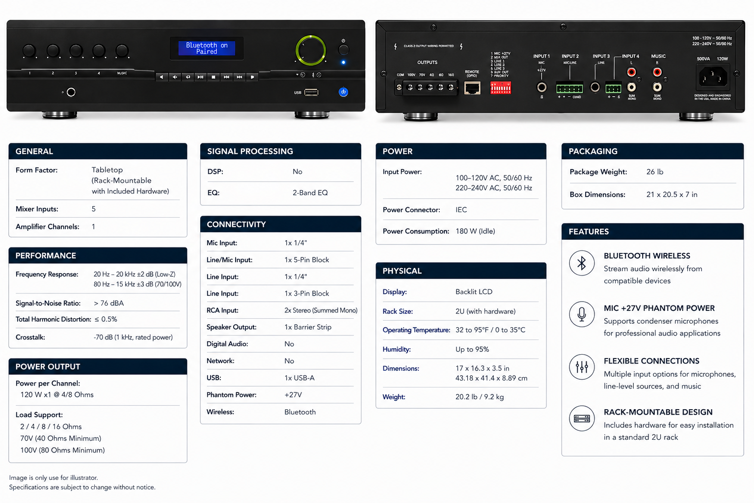 VMA1120 Commercial Mixer Amplifier – 120W, Bluetooth, 5-In/1-Out
