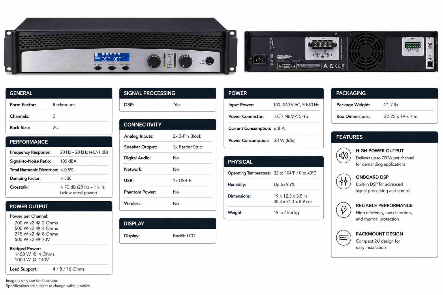Crown Audio CDi 1000 Two-Channel Power Amplifier - 500W per Channel, 70V/140V Support, Integrated DSP