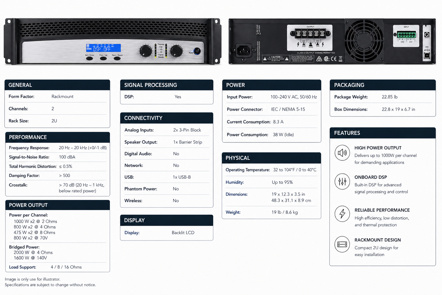 Crown Audio CDi 2000 Two-Channel Power Amplifier - 800W per Channel, 70V/140V Support, Integrated DSP