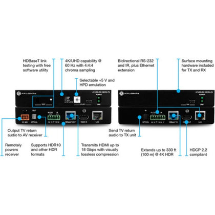 ATLONA AT-HDR-EX-100CEA-KIT HDBaseT Transmitter and Receiver Set with Ethernet, Control, PoE and Return Audio