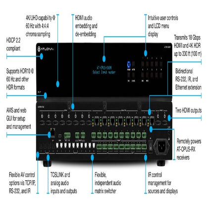 ATLONA AT-OPUS-46M  4K HDR 4 x 6 HDMI to HDBaseT Matrix Switcher (2 RU)