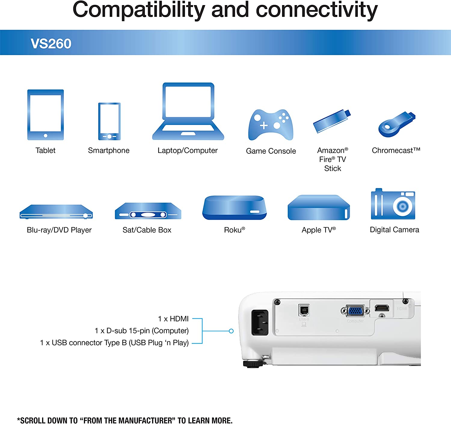 Epson VS260 3-Chip 3LCD XGA Projector, 3,300 Lumens Color Brightness, 3,300 Lumens White Brightness, HDMI, Built-in Speaker, 15,000:1 Contrast Ratio