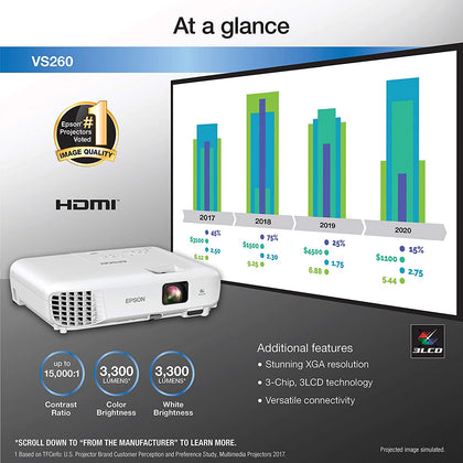 Epson VS260 3-Chip 3LCD XGA Projector, 3,300 Lumens Color Brightness, 3,300 Lumens White Brightness, HDMI, Built-in Speaker, 15,000:1 Contrast Ratio