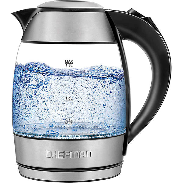 Chefman Electric Glass Kettle, Fast Boiling Water Heater w/ Auto Shutoff & Boil Dry Protection, Separates from Base for Cordless Pouring, BPA Free, Removable Tea Infuser Included, 1.8 Liters